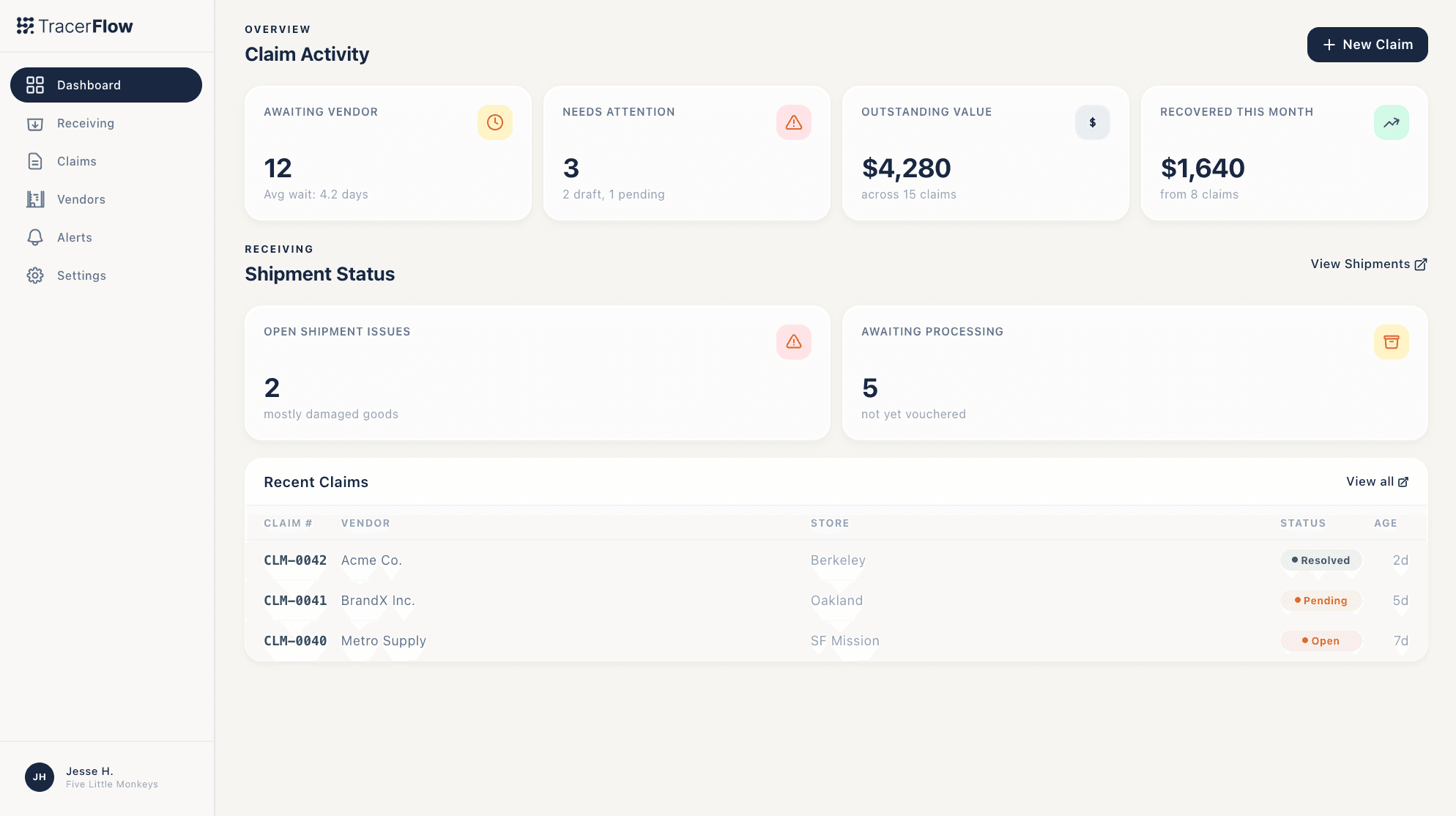 TracerFlow dashboard showing claim activity, shipment status, and recent claims across a multi-location retailer